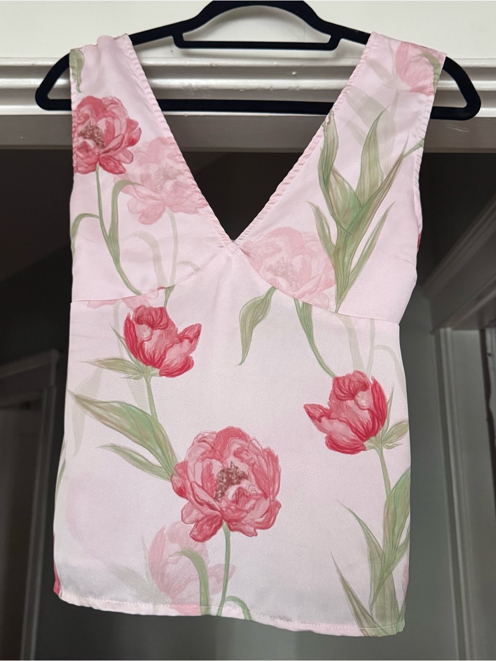 Lulu's Satin tank rose pattern pink cream red green tie in back size small